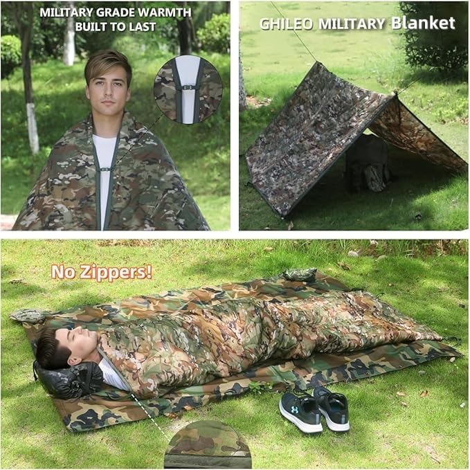 GHILEO Camo Poncho Liner, Army Blanket, Military Sleeping Bag, with A Compression Carrying Bag, for Traveling, Hiking, Camping, Outdoor Survival, Car Blanket - Image 3